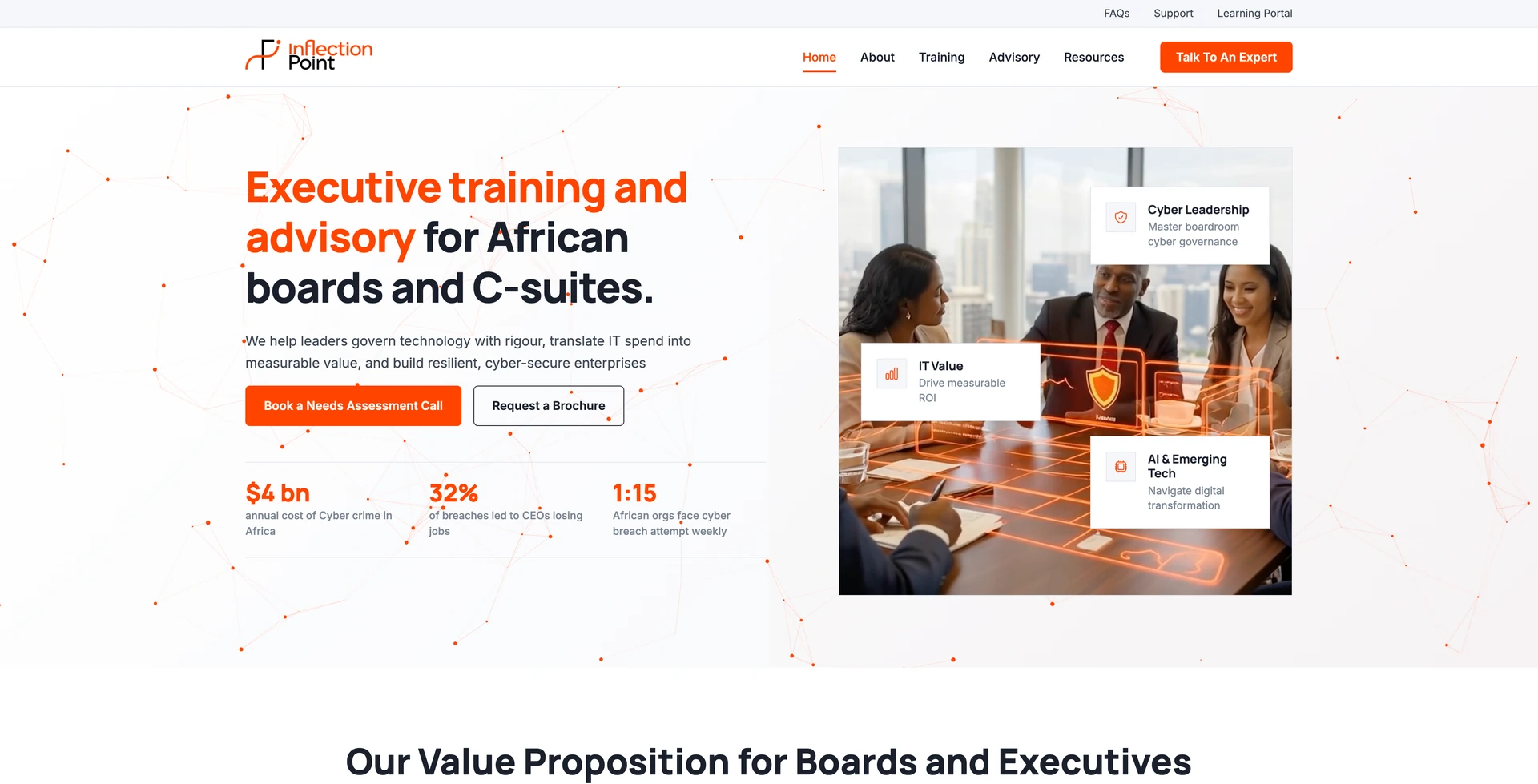 The Inflection Point website introducing executive training and advisory programmes for African boards.