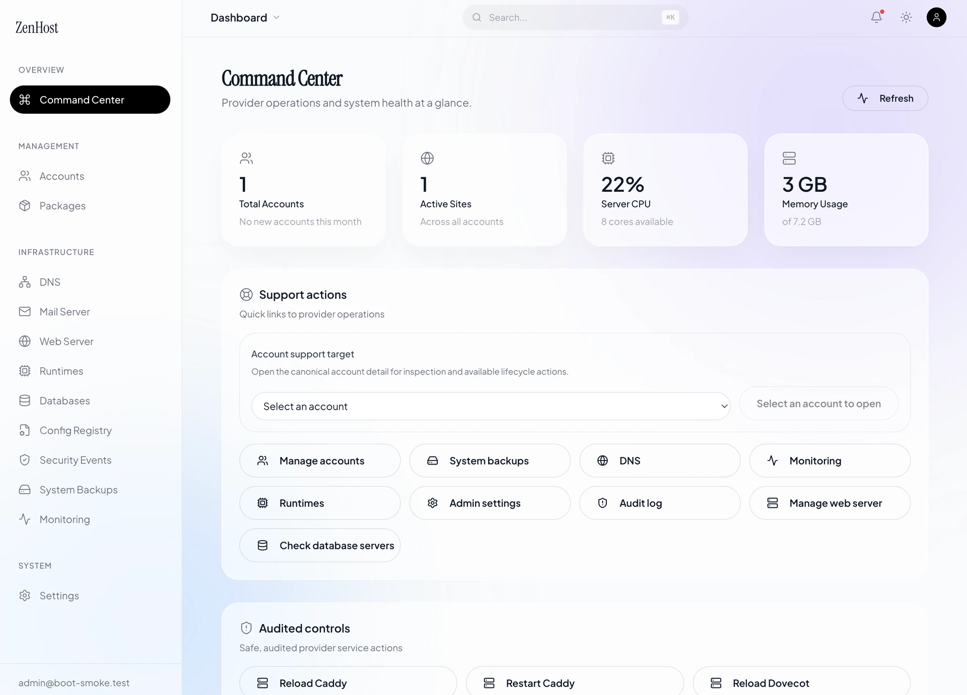ZenHost command centre showing account totals, server resource usage and hosting administration tools in a demo environment.